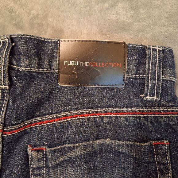 FUBU Retro Jeans Women 14 Dark Wash Blue Embroidered Distressed Skinny - Picture 11 of 14